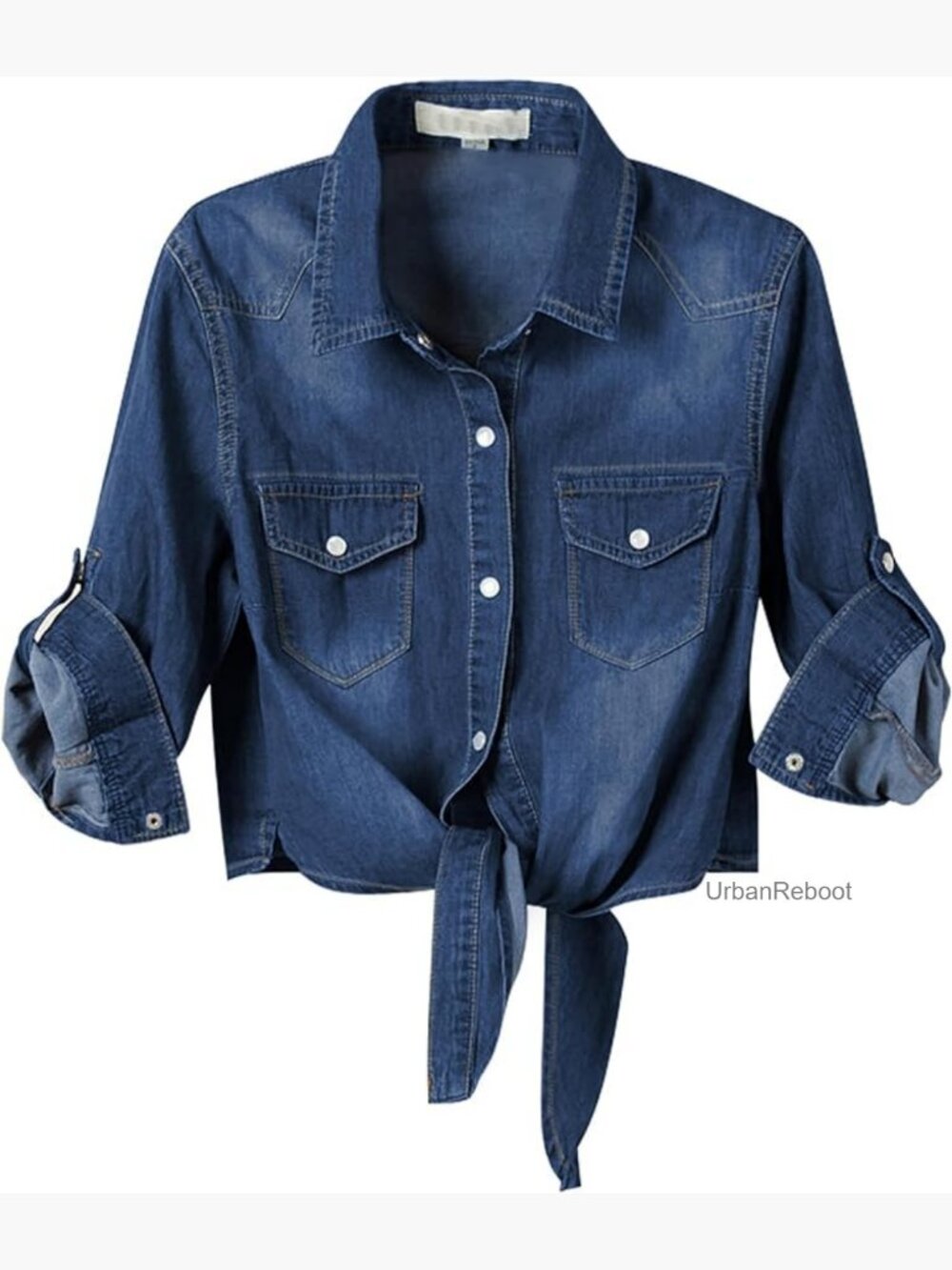 3/4 Sleeve Denim Crop Top Knot Shirt Cardigan